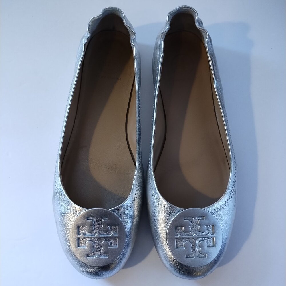 Tory Burch Minnie Travel Silver Ballet Flats Size 8